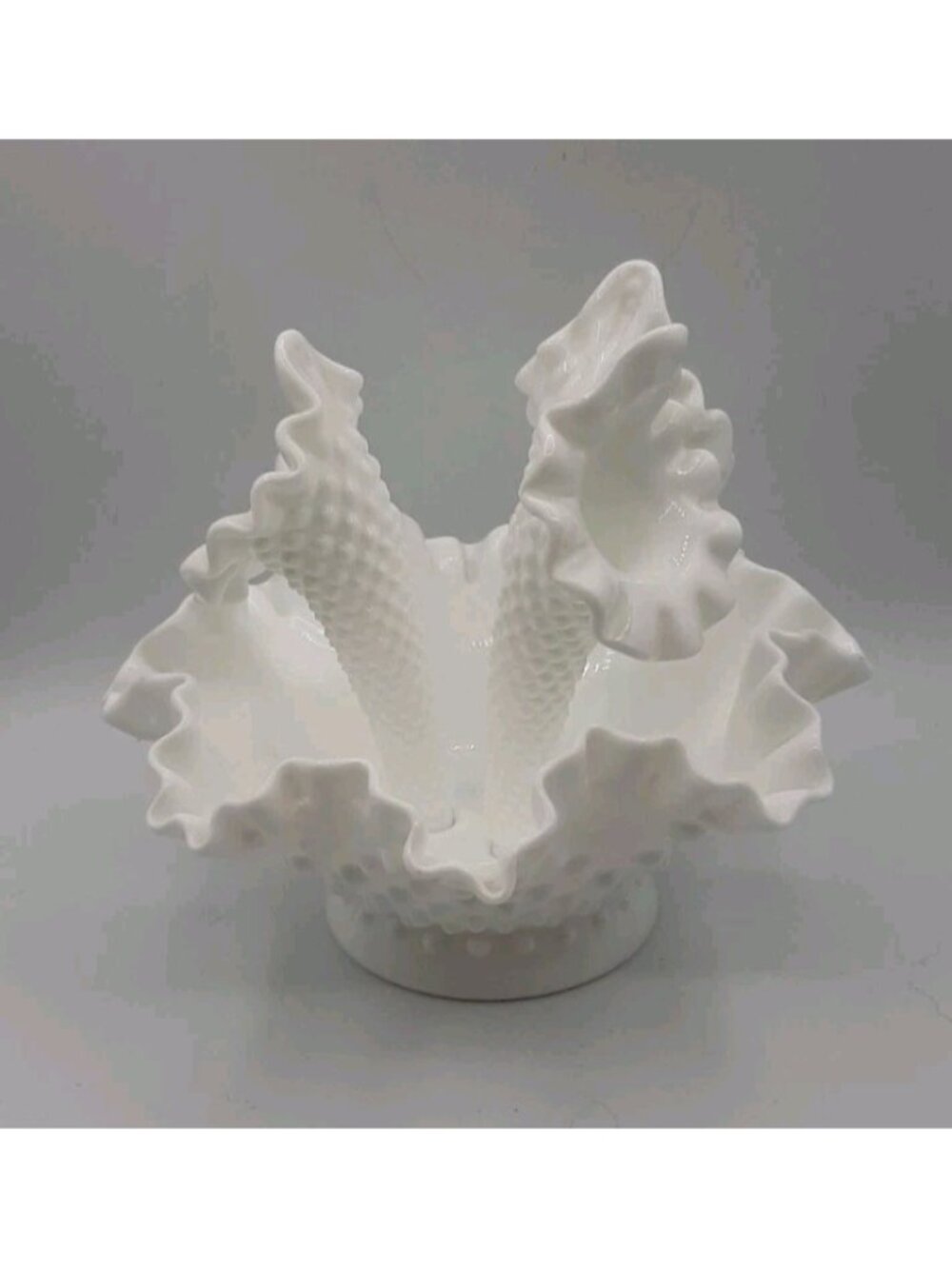 Fenton Milk Glass Hobnail 3 Horn Epergne Ruffled Vase Vintage 8" Diameter
